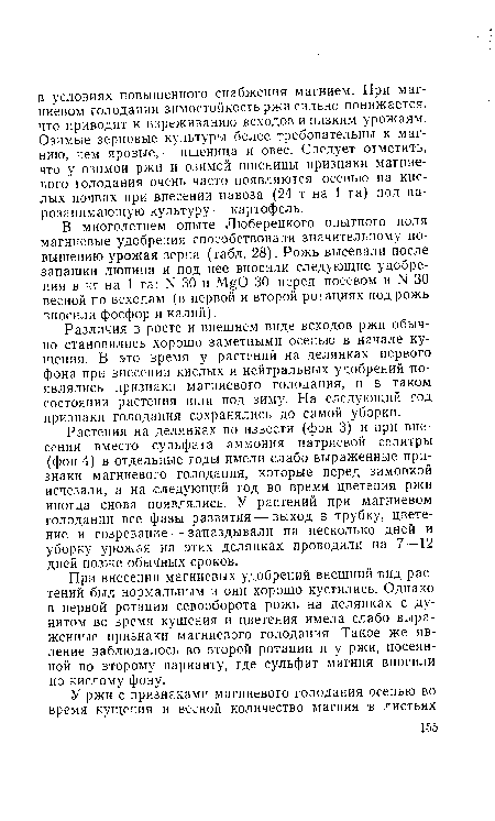 При внесении магниевых удобрений внешний вид растений был нормальным и они хорошо кустились. Однако в первой ротации севооборота рожь на делянках с ду-нитом во время кущения и цветения имела слабо выраженные признаки магниевого голодания. Такое же явление наблюдалось во второй ротации и у ржи, посеянной по второму варианту, где сульфат магния вносили по кислому фону.