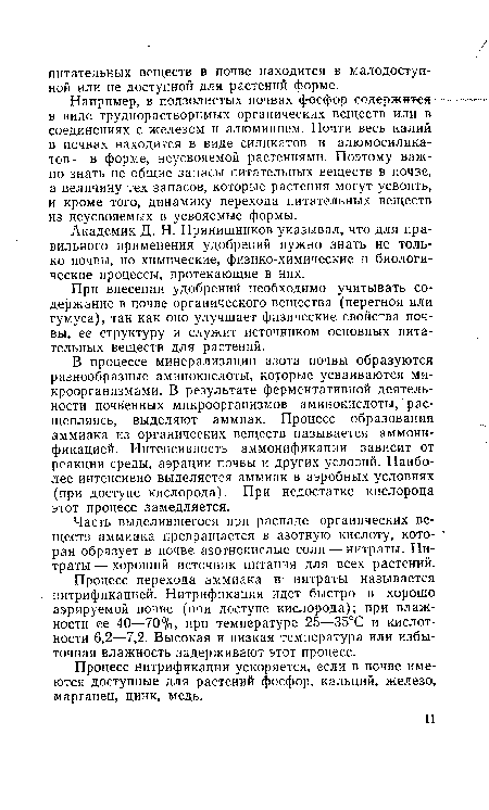 Академик Д. Н. Прянишников указывал, что для правильного применения удобрений нужно знать не только почвы, но химические, физико-химические и биологические процессы, протекающие в них.