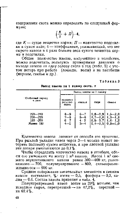 Чтобы определить количество навоза в штабеле, объем его умножают на массу 1 ма навоза. Масса 1 м3 свежего неуплотненного навоза равна 300—400 кг, уплотненного — 700, полуперепревшего — 800, сильноразло-жившегося — 900 кг.