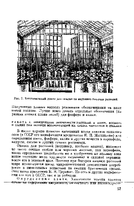 Однако для растений (например, хлебных злаков), имеющих не такие сочные стебли или черешки листьев, как картофель, метод определения потребности их в удобрениях по анализу сока менее подходит из-за трудности выделения и сильной окрашенности его в зеленый цвет. Поэтому при быстром анализе растений шире используется метод микрохимической диагностики потребности в питательных веществах на свежих бритвенных срезах. Этот метод предложен В. В. Церлинг. Но есть и другие модификации его как в СССР, так и за рубежом.