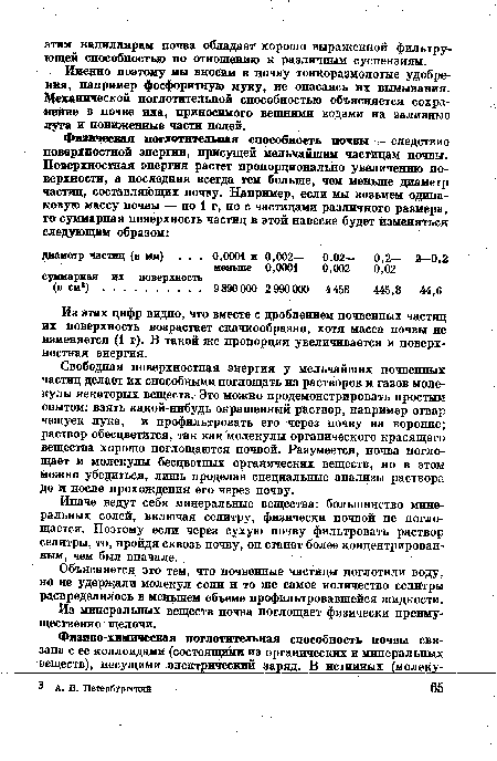 Свободная поверхностная энергия у мельчайших почвенных частиц делает их способными поглощать из растворов и газов молекулы некоторых веществ. Это можно продемонстрировать простым опытом: взять какой-нибудь окрашенный раствор, например отвар чешуек лука, и профильтровать его через почву на воронке; раствор обесцветится, так как молекулы органического красящего вещества хорошо поглощаются почвой. Разумеется, почва поглощает и молекулы бесцветных органических веществ, но в этом можно убедиться, лишь проделав специальные анализы раствора до и после прохождения его через почву.