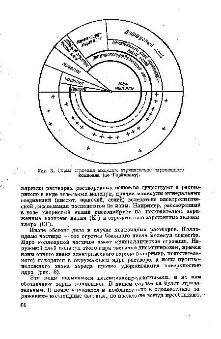 Иначе обстоит дело в случае коллоидных растворов. Коллоидные частицы — это сгустки большого числа молекул вещества. Ядро коллоидной частицы имеет кристаллическое строение. Наружный слой молекул этого ядра частично диссоциирован, причем ионы одного знака электрического заряда (например, положительного) находятся в окружающем ядро растворе, а ионы противоположного знака заряда прочно удерживаются поверхностью ядра (рис. 8).