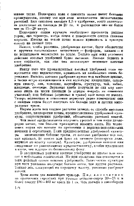 Подкормку озими вручную необходимо проводить ранним утром, «по черепку», когда почва с поверхности слегка скована морозом. Иногда на такой почве можно применять и туковую сеялку на конной тяге.