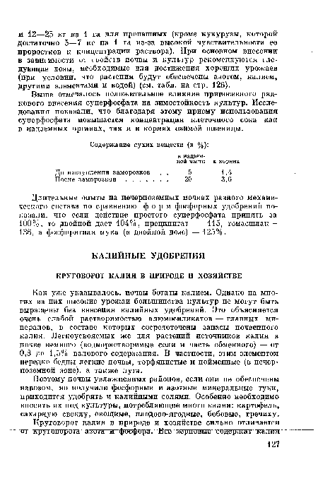 Как уже указывалось, почвы богаты калием. Однако на многих из них высокие урожаи большинства культур не могут быть выращены без внесения калийных удобрений. Это объясняется очень слабой растворимостью алюмосиликатов — главных минералов, в составе которых сосредоточены запасы почвенного калия. Легкоусвояемых же для растений источников калия в почве немного (воднорастворимые соли и часть обменного) — от 0,8 до 1,5% валового содержания. В частности, этим элементом нередко бедны легкие почвы, торфянистые и пойменные (в нечерноземной зоне), а также луга.