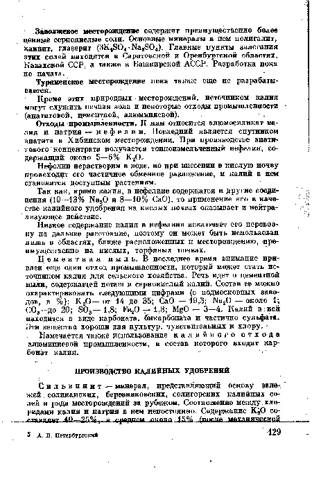 Нефелин нерастворим в воде, но при внесении в кислую почву происходит его частичное обменное разложение, и калий в там становится доступным растениям.