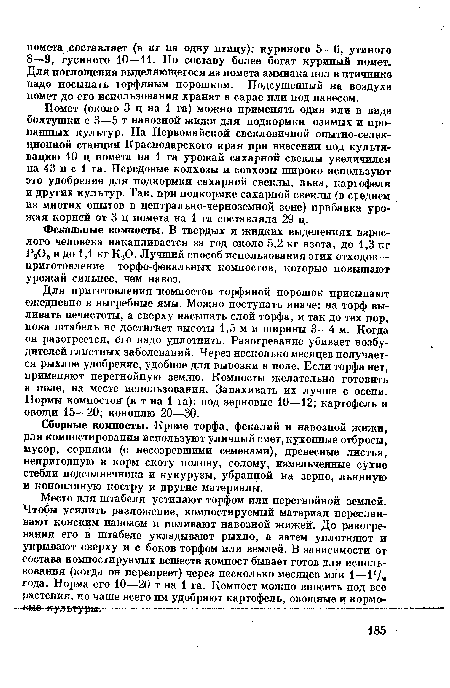 Помет (около 3 ц на 1 га) можно применять один или в виде болтушки с 3—5 т навозной жижи для подкормки озимых и пропашных культур. На Первомайской свекловичной опытно-селекционной станции Краснодарского края при внесении под культивацию 10 ц помета на 1 га урожай сахарной свеклы увеличился на 43 ц с 1 га. Передовые колхозы и совхозы широко используют это удобрение для подкормки сахарной свеклы, льна, картофеля и других культур. Так, при подкормке сахарной свеклы (в среднем из многих опытов в центрально-черноземной зоне) прибавка урожая корней от 3 ц помета на 1 га составляла 29 ц.