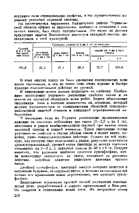 В последние годы на Украине установлено положительное влияние на солонцах небольших доз гипса (2—2,5 ц на 1 га), внесенных в рядки комбинированной сеялкой при высеве семян сахарной свеклы и озимой пшеницы. Такое гипсование почвы улучшает ее свойства в очагах вблизи семян и может иметь, конечно, лишь непродолжительное действие. Однако на той культуре, под которую гипс заделывают в рядки, результат получается удовлетворительный; урожай зерна пшеницы во многих колхозах повышался на 2—3 ц, а сахарной свеклы до 40 ц с 1 га. Следует заметить, что рядковое внесение простого суперфосфата, почти наполовину состоящего из гипса, оказывает на растения действие, подобное влиянию рядкового внесения чистого гипса.