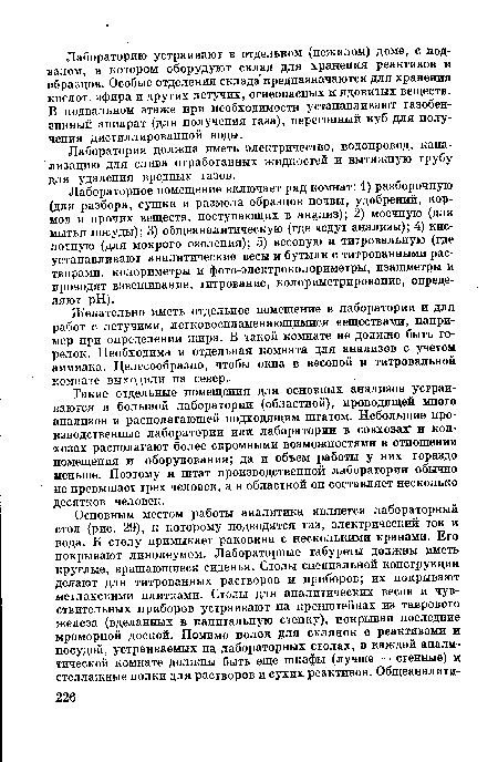 Желательно иметь отдельное помещение в лаборатории и для работ с летучими, легковоспламеняющимися веществами, например при определении жира. В такой комнате не должно быть горелок. Необходима и отдельная комната для анализов с учетом аммиака. Целесообразно, чтобы окна в весовой и титровальной комнате выходили на севет).