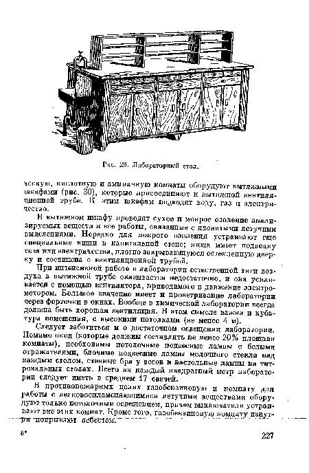 В вытяжном шкафу проводят сухое и мокрое озоление анализируемых веществ и все работы, связанные с ядовитыми летучими выделениями. Нередко для мокрого озоления устраивают еще специальные ниши в капитальной стене; ниша имеет подводку газа или электричества, плотно закрывающуюся остекленную дверку и соединена с вентиляционной трубой.