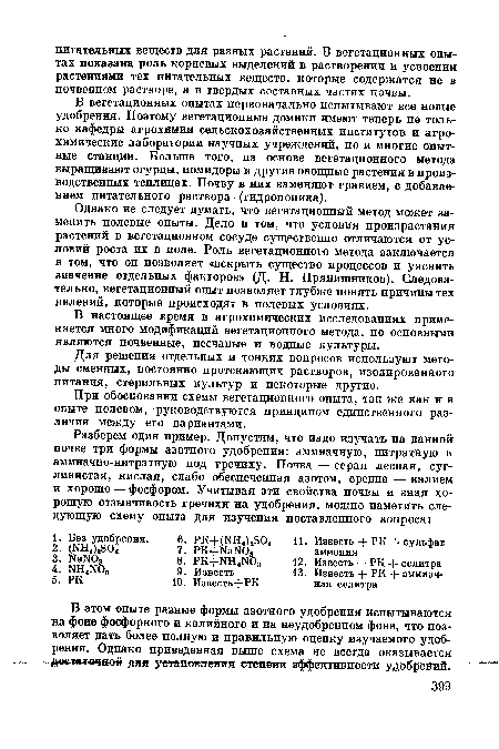 В вегетационных опытах первоначально испытывают все новые удобрения. Поэтому вегетационные домики имеют теперь не только кафедры агрохимии сельскохозяйственных институтов и агрохимические лаборатории научных учреждений, но и многие опытные станции. Больше того, на основе вегетационного метода выращивают огурцы, помидоры и другие овощные растения в производственных теплицах. Почву в них заменяют гравием, с добавлением питательного раствора (гидропоника).