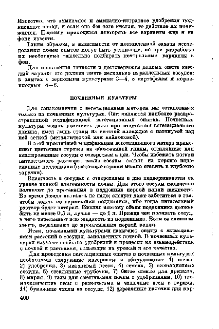 Итак, почвенными культурами называют опыты с выращиванием растений в сосудах, заполненных почвой. В почвенных культурах изучают свойства удобрений и процессы их взаимодействия с почвой и растением, влияющие на урожай и его качество.