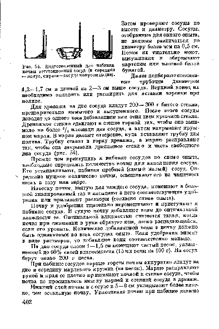 Для дренажа на дво сосуда кладут 200— 300 г битого стекла, предварительно вымытого и высушенного. После этого сосуды доводят до одного веса добавлением или отня тием кусочков стекла. Дренажное стекло сдвигают к стенке горкой так, чтобы оно занимало не более 2/з площади дна сосуда, а затем накрывают кружком марли. В марле делают отверстие, куда вставляют трубку для полива. Трубку ставят в горку дренажа, а марлю расправляют так, чтобы она закрывала дренажное стекл о и часть свободного дна сосуда (рис. 54).