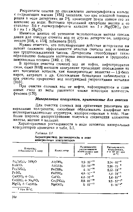 Для очистки сточных вод применяют различные минеральные коагулянты, способные образовывать аморфные или мелкокристаллические структуры, малорастворимые в воде. Наиболее широкое распространение получили соединения алюминия, железа, магния и кальция.