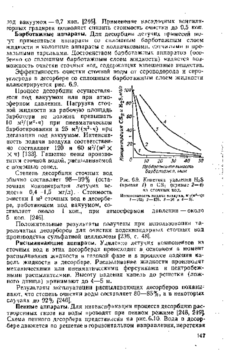 Кинетика удаления Н23 (кривая I) и С52 (кривые 2—4) из сточных вод.