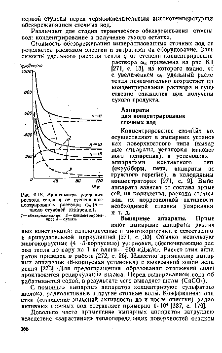 Зависимость удельного расхода тепла q от степени концентрирования раствора шк (п — число ступеней испарения);