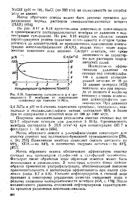 Зависимость селективности ф и проницаемости О мембраны от концентрации сульфонола при давлении 10 МПа.