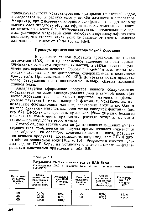 В процессе пенной флотации происходит не только извлечение ПАВ, но и одновременное удаление из воды суспендированных или эмульгированных частиц, а также частичное удаление растворенных веществ. Особенно приемлем этот метод для очистки сточных вод от детергентов, содержащихся в количестве 10—50 мг/л. При извлечении 90—95% детергента объем продукта после разрушения пены значительно меньше объема исходной сточной воды.