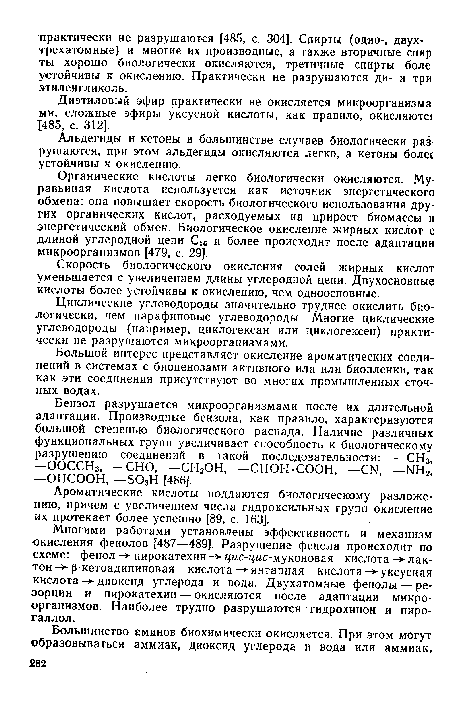 Циклические углеводороды значительно труднее окислить биологически, чем парафиновые углеводороды. Многие циклические углеводороды (например, циклогексан или циклогексен) практически не разрушаются микроорганизмами.