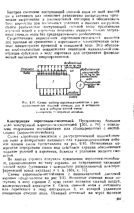 Схема работы аэротенка-смесителя с рассредоточенными подачей сточных вод и активного ила и отбором иловой смеси