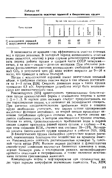 В биологических прудах необходимо присутствие водных растений, оказывающих благоприятное воздействие на процессы очистки. Рекомендуется занимать растительностью примерно 1/3 головной части пруда [525]. Высшие водные растения и фитопланктон способствуют снижению количества биогенных элементов в воде, играют большую роль в кислородном режиме, интенсифицируют процессы окисления и нитрификации, а также являются источниками питания пресноводных животных.