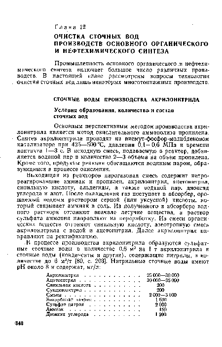 Основным перспективным методом производства акрилонитрила является метод окислительного аммонолиза пропилена. Синтез акрилонитрила проводят на висмут-фосфор-молибденовом катализаторе при 425—500 °С, давлении 0,1—0,6 МПа и времени контакта 1—3 с. В исходную смесь, подаваемую в реактор, добавляется водяной пар в количестве 2—3 объема на объем пропилена. Кроме того, продукты реакции обогащаются водяным паром, образующимся в процессе окисления.