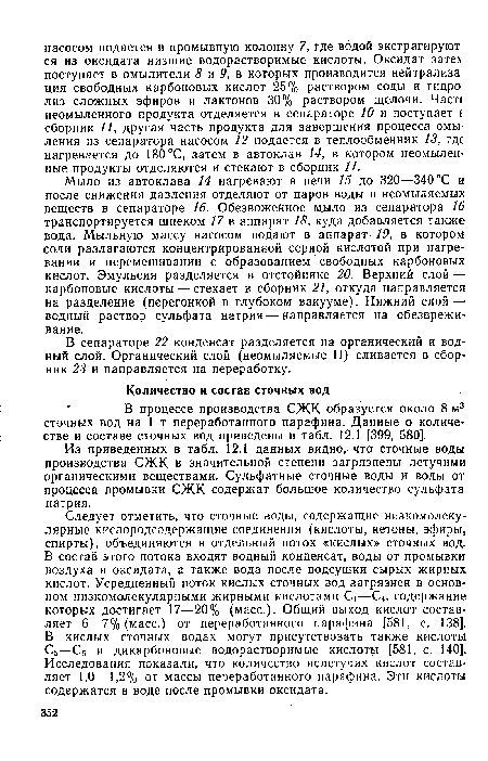 Мыло из автоклава 14 нагревают в печи 15 до 320—340 °С и после снижения давления отделяют от паров воды и неомыляемых веществ в сепараторе 16. Обезвоженное мыло из сепаратора 16 транспортируется шнеком 17 в аппарат 18, куда добавляется также вода. Мыльную массу насосом подают в аппарат 19, в котором соли разлагаются концентрированной серной кислотой при нагревании и перемешивании с образованием свободных карбоновых кислот. Эмульсия разделяется в отстойнике 20. Верхний слой — карбоновые кислоты — стекает в сборник 21, откуда направляется на разделение (перегонкой в глубоком вакууме). Нижний слой — водный раствор сульфата натрия — направляется на обезвреживание.