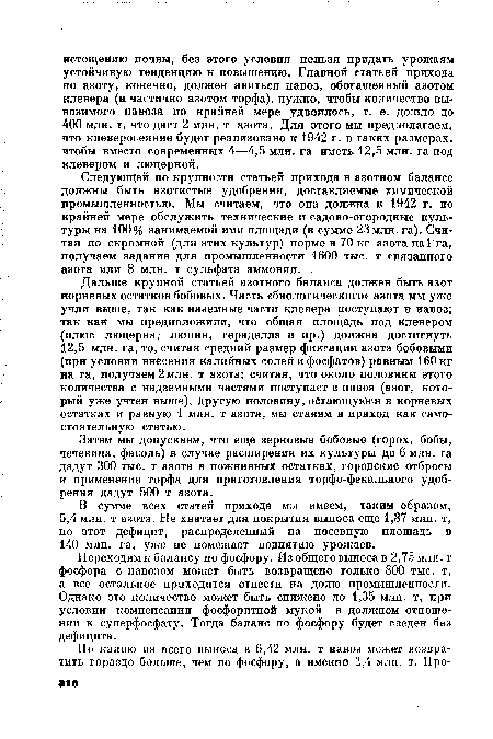 Следующей по крупности статьей прихода в азотном балансе должны быть азотистые удобрения, доставляемые химической промышленностью. Мы считаем, что она должна к 1942 г. по крайней мере обслужить технические и садово-огородные культуры на 100% занимаемой ими площади (в сумме 23 млн. га). Считая по скромной (для этих культур) норме в 70 кг азота наГга, получаем задание для промышленности 1600 тыс. т связанного азота или 8 млн. т сульфата аммония.