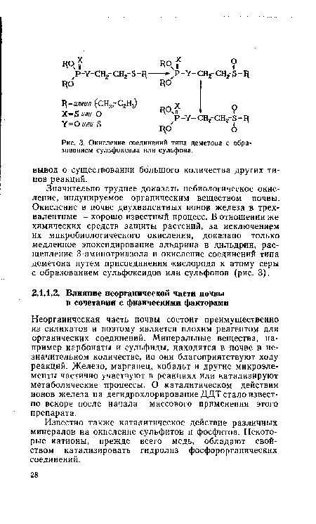 Известно также каталитическое действие различных минералов на окисление сульфитов и фосфитов. Некоторые катионы, прежде всего медь, обладают свойством катализировать гидролиз фосфорорганических соединений.