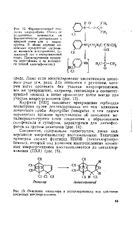 Соединения, содержащие нитрогруппы, легко подвергаются микробиальному восстановлению. Типичным примером служит фунгицид ПХНБ (пентахлорнитро-бензол), который под влиянием многочисленных почвенных микроорганизмов восстанавливается до пентахлор-анилина (ПХА) (рис. 15).