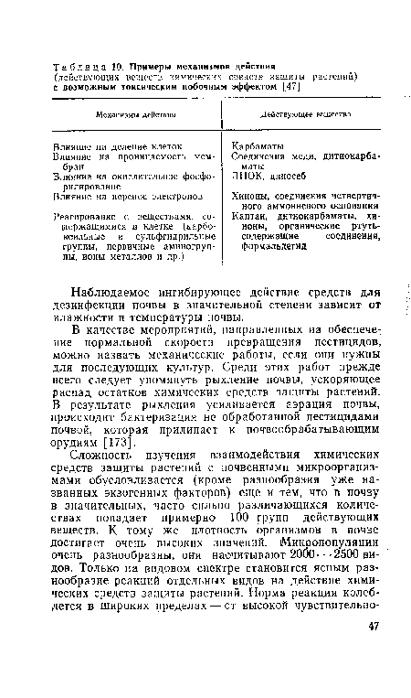 В качестве мероприятий, направленных на обеспечение нормальной скорости превращения пестицидов, можно назвать механические работы, если они нужны для последующих культур. Среди этих работ прежде всего следует упомянуть рыхление почвы, ускоряющее распад остатков химических средств защиты растений. В результате рыхления усиливается аэрация почвы, происходит бактеризация не обработанной пестицидами почвой, которая прилипает к почвообрабатывающим орудиям [173].