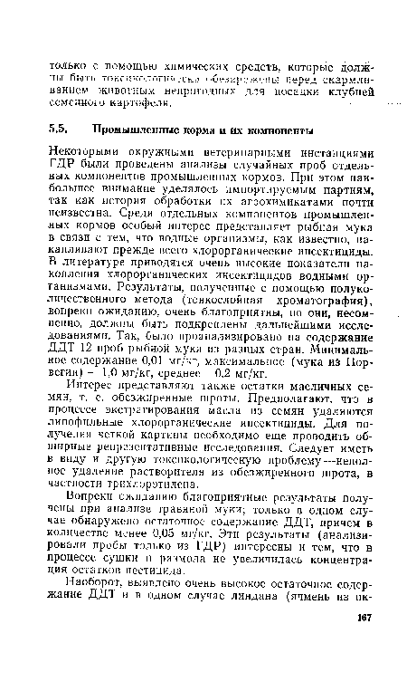 Некоторыми окружными ветеринарными инстанциями ГДР были проведены анализы случайных проб отдельных компонентов промышленных кормов. При этом наибольшее внимание уделялось импортируемым партиям, так как история обработки их агрохимикатами почти неизвестна. Среди отдельных компонентов промышленных кормов особый интерес представляет рыбная мука в связи с тем, что водные организмы, как известно, накапливают прежде всего хлорорганические инсектициды. В литературе приводятся очень высокие показатели накопления хлорорганических инсектицидов водными организмами. Результаты, полученные с помощью полуко-личественного метода (тонкослойная хроматография), вопреки ожиданию, очень благоприятны, но они, несомненно, должны быть подкреплены дальнейшими исследованиями. Так, было проанализировано на содержание ДДТ 12 проб рыбной муки из разных стран. Минимальное содержание 0,01 мг/кг, максимальное (мука из Норвегии) — 1,0 мг/кг, среднее—0,2 мг/кг.