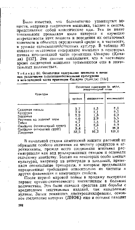 В Начальной стадии химической защиты растений не обращали особого внимания на чистоту продуктов и агрохимикаты, прежде всего соединения мышьяка рассматривали как вид вуалированных отходов и отдавали сельскому хозяйству. Только на некоторых особо ценных культурах, например на винограде и плодовых, применяли специальные препараты, к которым предъявляли определенные требования относительно их чистоты и других физических и химических свойств.