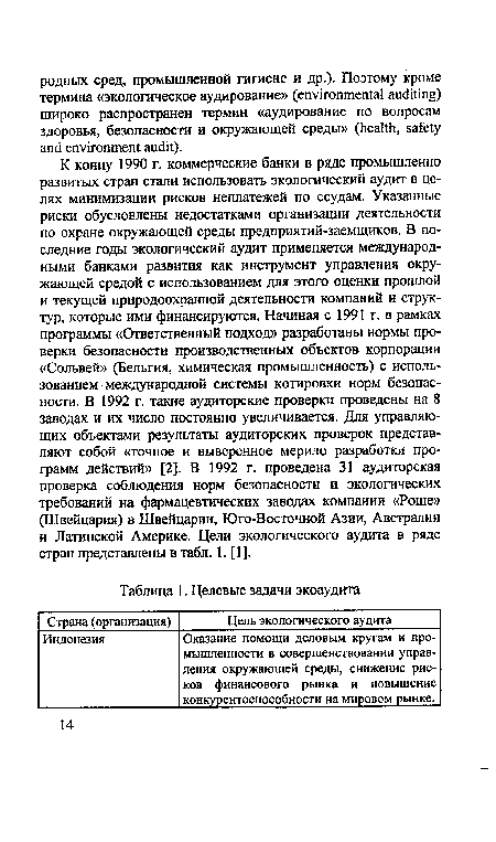 К концу 1990 г. коммерческие банки в ряде промышленно развитых стран стали использовать экологический аудит в целях минимизации рисков неплатежей по ссудам. Указанные риски обусловлены недостатками организации деятельности по охране окружающей среды предприятий-заемщиков. В последние годы экологический аудит применяется международными банками развития как инструмент управления окружающей средой с использованием для этого оценки прошлой и текущей природоохранной деятельности компаний и структур, которые ими финансируются. Начиная с 1991 г. в рамках программы «Ответственный подход» разработаны нормы проверки безопасности производственных объектов корпорации «Сольвей» (Бельгия, химическая промышленность) с использованием международной системы котировки норм безопасности. В 1992 г. такие аудиторские проверки проведены на 8 заводах и их число постоянно увеличивается. Для управляющих объектами результаты аудиторских проверок представляют собой «точное и выверенное мерило разработки программ действий» [2]. В 1992 г. проведена 31 аудиторская проверка соблюдения норм безопасности и экологических требований на фармацевтических заводах компании «Роше» (Швейцария) в Швейцарии, Юго-Восточной Азии, Австралии и Латинской Америке. Цели экологического аудита в ряде стран представлены в табл. 1. [1].