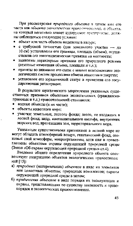 Указанным существенными признаками в полной мере не могут обладать атмосферный воздух, генетический фонд, озоновый слой атмосферы, микроорганизмы, хотя они и провозглашены объектами охраны окружающей природной среды (Закон «Об охране окружающей природной среды» ст.4).