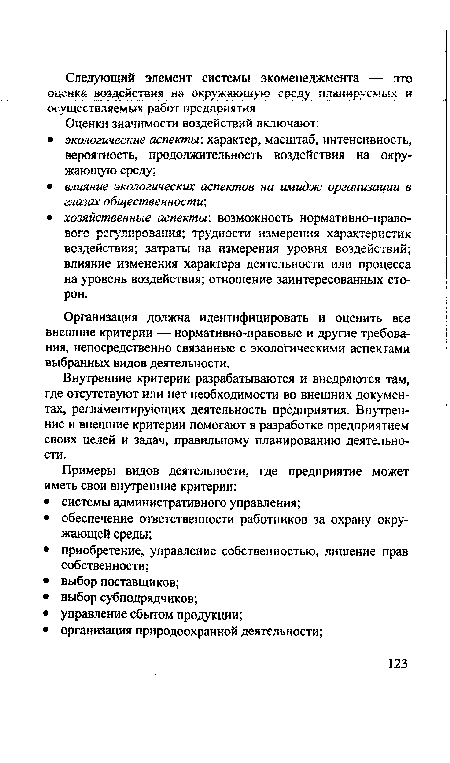 Организация должна идентифицировать и оценить все внешние критерии — нормативно-правовые и другие требования, непосредственно связанные с экологическими аспектами выбранных видов деятельности.