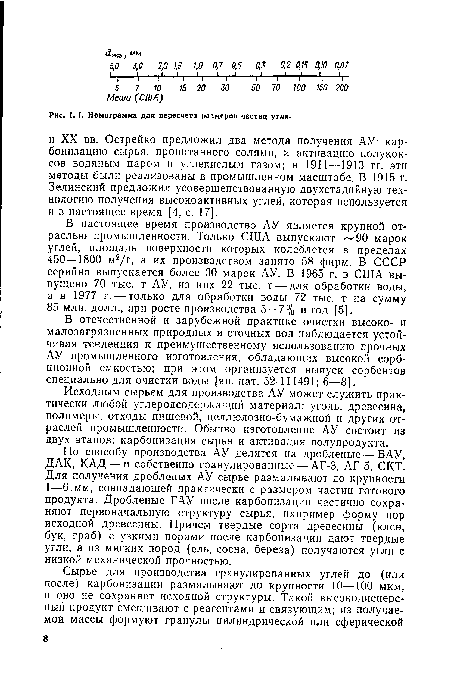 Номограмма для пересчета размеров частиц угля.