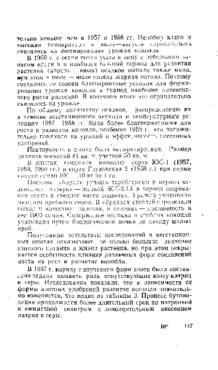 В 1960 г. с осени почва ушла в зиму с небольшим запасом влаги и в наиболее важный период для развитая растений (апрель — июль) осадков выпало также мало, ри этом в июне — июле стояла жаркая погода. Поэтому создались не совсем благоприятные условия для формирования урожая конопли в период наиболее интенсивного роста растений. В конечном итоге это отрицательно сказалось на урожае.