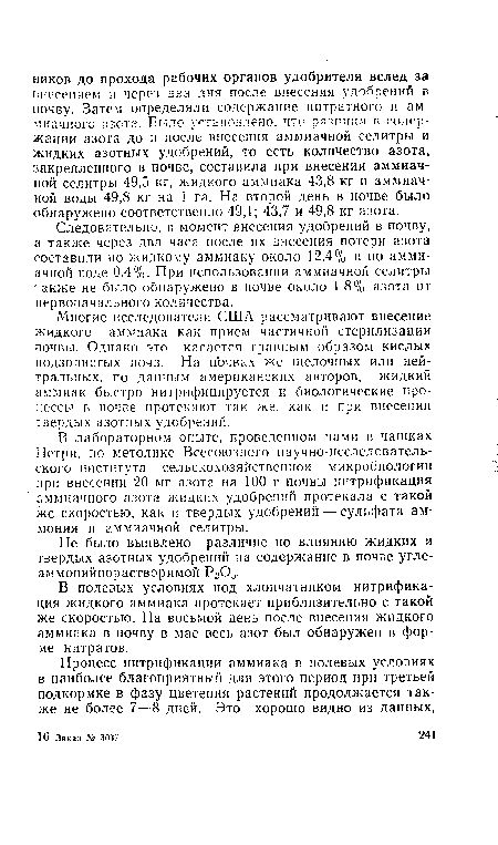 Следовательно, в момент внесения удобрений в почву, а также через два часа после их внесения потери азота составили по жидкому аммиаку около 12,4% и по аммиачной Еоде 0,4%. При использовании аммиачной селитры также не было обнаружено в почве около 1.8% азота от первоначального количества.