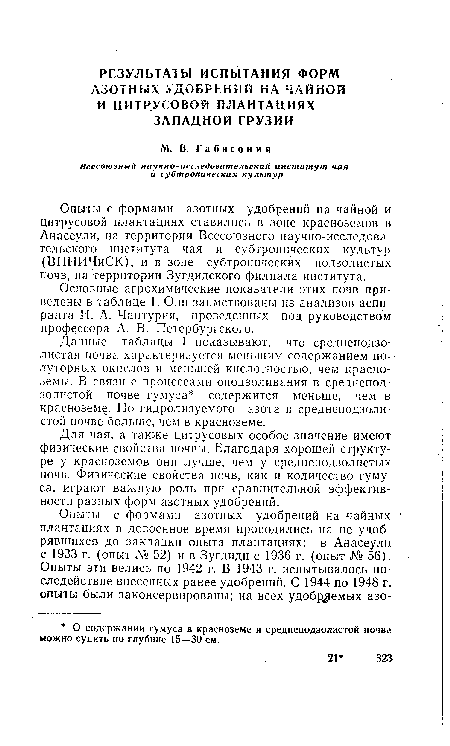 Опыты с формами азотных удобрений на чайной и цитрусовой плантациях ставились в зоне красноземов в Анасеули, на территории Всесоюзного научно-исследовательского института чая и субтропических культур (ВНИИЧиСК), и в зоне субтропических подзолистых почв, на территории Зугдидского филиала института.