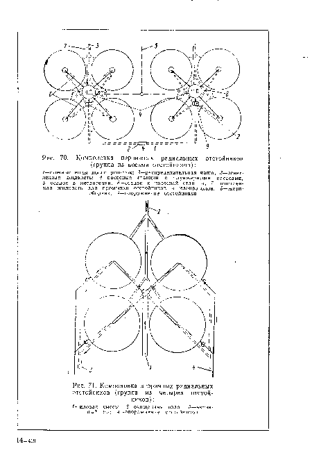 Компоновка вторичных радиальных отстойников (группа из четырех отстойников) 