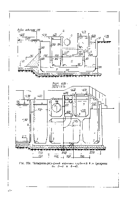 Четырехкоридорный аэротенк глубиной 4 м (разрезы