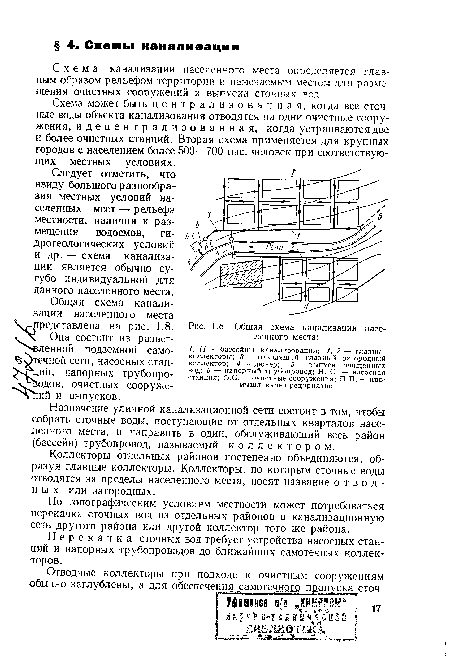 Следует отметить, что ввиду большого разнообразия местных условий населенных мест — рельефа местности, наличия и размещения водоемов, гидрогеологических условий и др.—схема канализации является обычно сугубо индивидуальной для данного населенного места.
