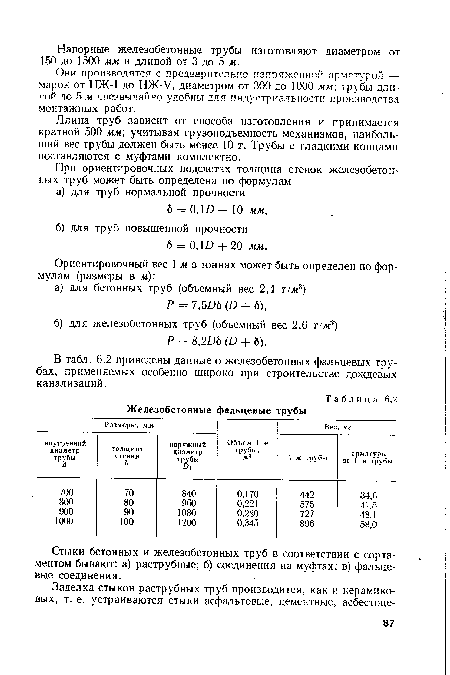 В табл. 6.2 приведены данные о железобетонных фальцевых трубах, применяемых особенно широко при строительстве дождевых канализаций.