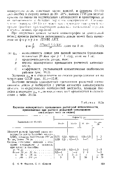 Значение периода однократного превышения расчетной интенсивности дождя р выбирается с учетом характера канализуемого объекта, топографических особенностей местности, площади бассейна и величины д.2и и для населенных мест принимается в соответствии с табл. 10.2а.