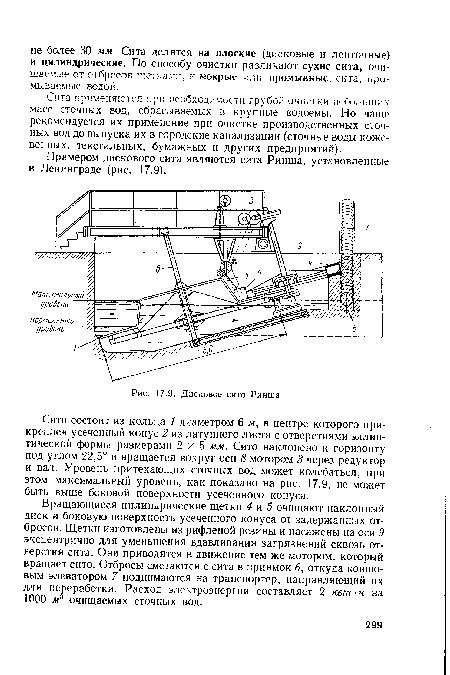 Сито состоит из кольца 1 диаметром 6 л«, в центре которого прикреплен усеченный конус 2 из латунного листа с отверстиями эллиптической формы размерами 2x5 мм. Сито наклонено к горизонту под углом 22,5° и вращается вокруг оси 8 мотором 3 через редуктор и вал. Уровень притекающих сточных вод может колебаться, при этом максимальный уровень, как показано на рис. 17.9, не может быть выше боковой поверхности усеченного конуса.