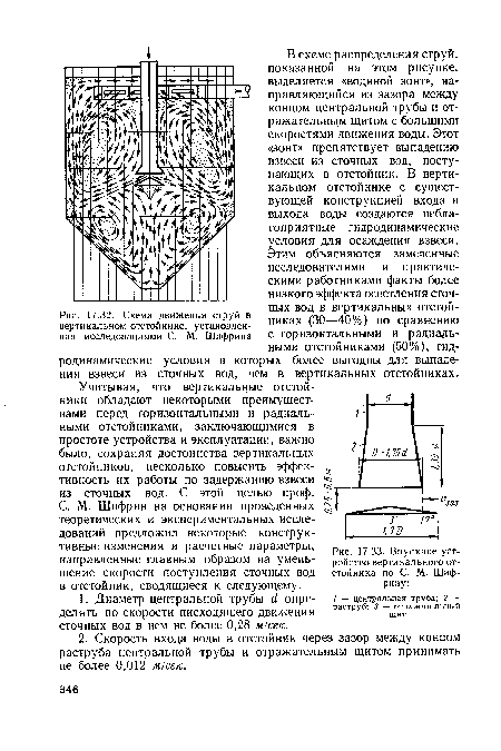 Схема движения струй в вертикальном отстойнике, установленная исследованиями С. М. Шифрина
