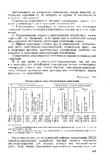 В то же время в осветлителе-перегнивателе, так же как и в двухъярусных отстойниках, температура осадка соответствует температуре сточных вод. Таким образом, осветлитель-перегнива-тель, обладая преимуществом двухъярусных отстойников, лишен присущих им недостатков.