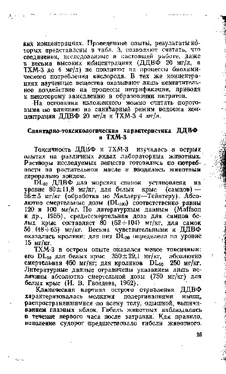 Клиническая картина острого отравления ДДВФ характеризовалась мелкими подергиваниями мышц, распространявшимися по всему телу, одышкой, выпячиванием глазных яблок. Гибель животных наблюдалась в течение первого часа после затравки. Как правило, появление судорог предшествовало гибели животного.