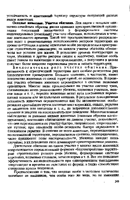 Длительное обитание на одном участке у многих видов животных сопровождается определенными формами «благоустройства» территории: строительство разного рода убежищ, формирование системы переходов, кормовых столиков, запасов корма и т. п. Все это повышает эффективность жизнедеятельности при одновременном уменьшении энергозатрат и времени на отдельные ее формы, а также способствует снижению пресса хищников.