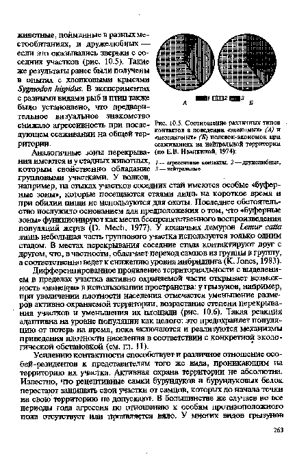 Соотношение различных типов контактов в поведении «знакомых» (А) и «незнакомых» (Б) полевок-экономок при ссаживаниях на нейтральной территории (по Е.В. Иванкиной, 1974)